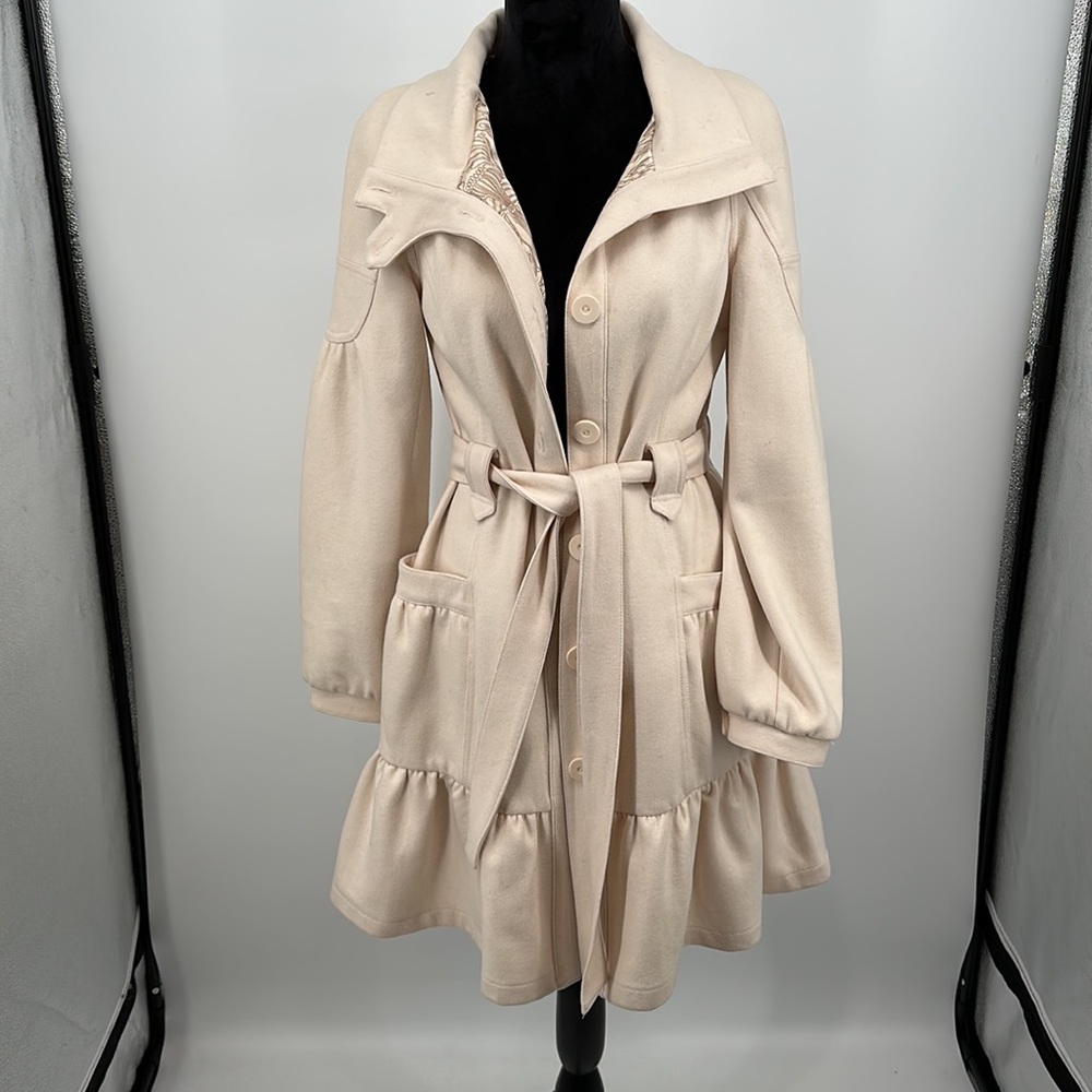 Tulle Soft Cream Belted Ruffle-Hem Trench Coat